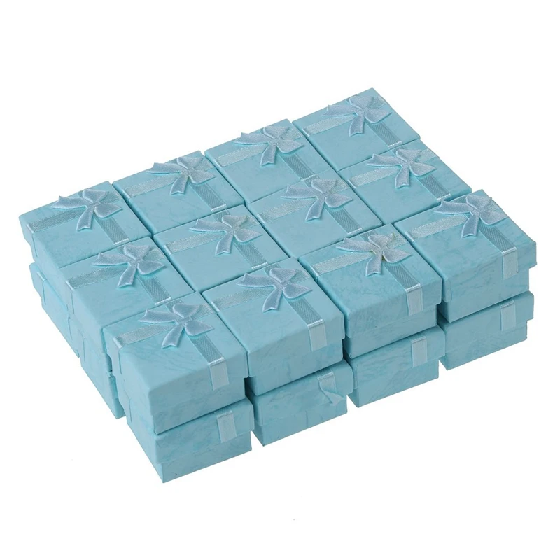 

48 Pcs Ring Earring Jewelry Display Gift Box Bowknot Square Case Black & Sky Blue