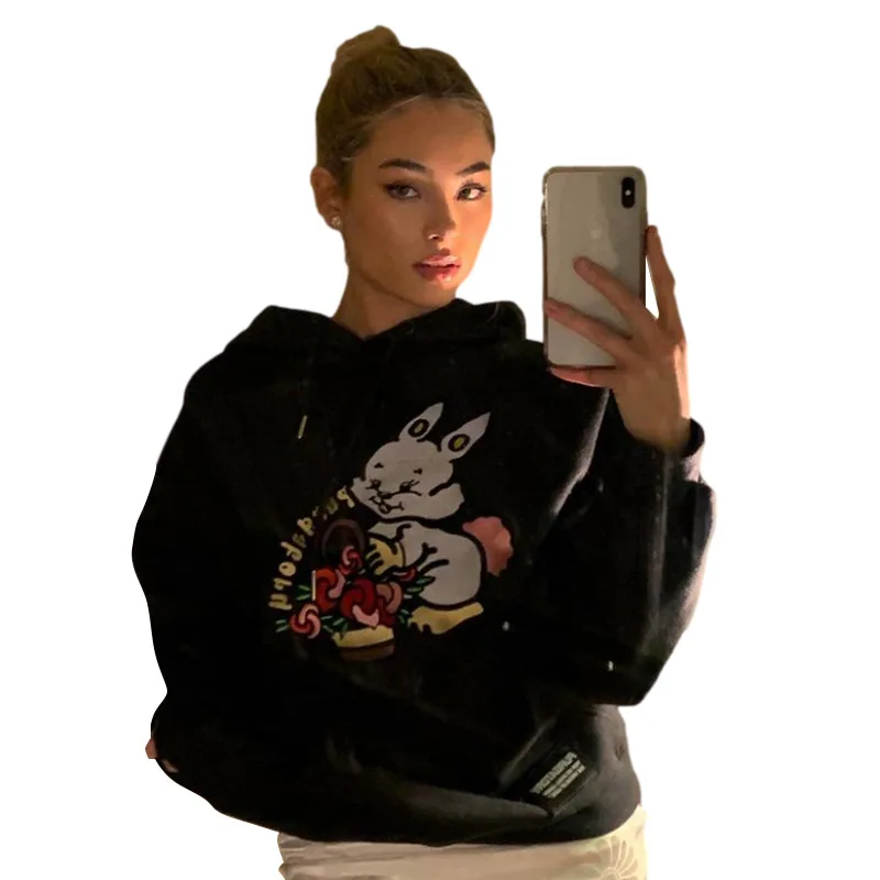 

Black Picture Print Oversized Hoodies Women Brand Design Loose Fashion Vintage Long Sleeve Sports Winter Tops for Teens 2020