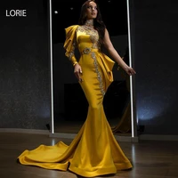 lorie arabic evening dresses 2021 one shoulder long sleeve satin beaded mermaid prom gowns luxury gold celebrity party dresses
