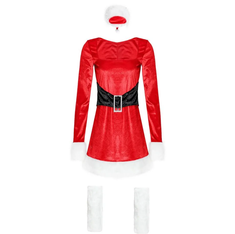 Sexy Miss Red Velvet Long Sleeve Christmas Dress Up Set For Adult Women Claus Santa Cosplay Costume Xmas Outfit Fancy | Тематическая