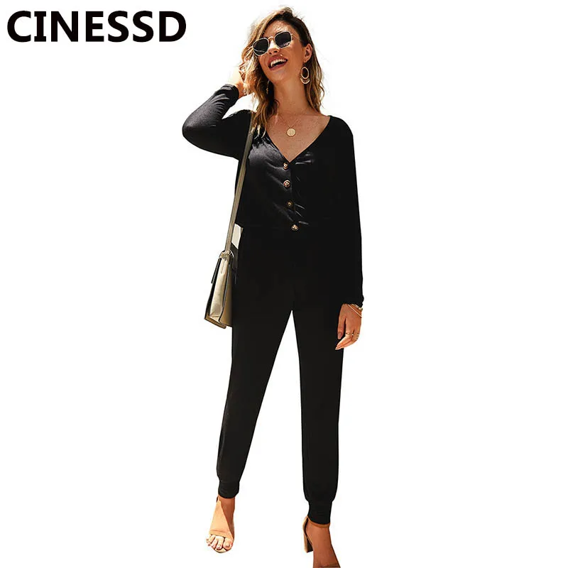 Женский Повседневный Комбинезон CINESSD черный облегающий комбинезон с V образным