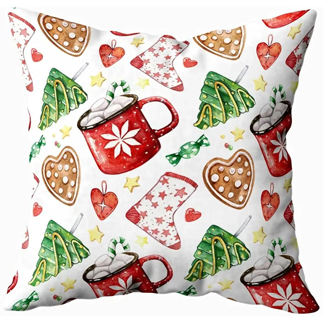 

Pillow Cover KIOAO Standard Soft Square Pillow Covers Watercolor Christmas Pattern Socks Lollipops Cacao Gingerbread Christmas