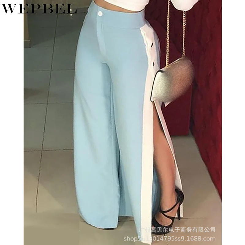 

WEPBEL Women's Sexy Loose Straight Pants Ladies Elegant High Waist Patchwork Button Slit Wide Leg Trousers