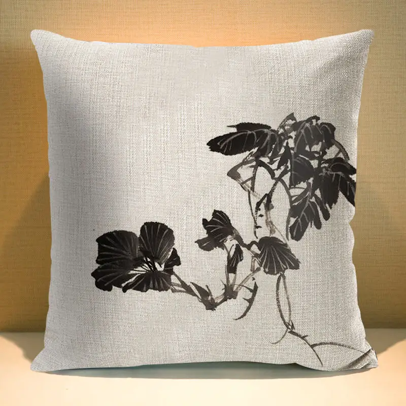 

Chinese Ink Plant Pillow case Flowers 45x45cm Square Decorative Cushion Cover for Sofa Home Printed Throw Polyester Pillowcase