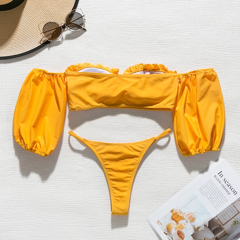 

Sexy short sleeve bikini 2020 Yellow off shoulder swimsuit female Ruffles swimwear women bathing suit String bikinis set A1