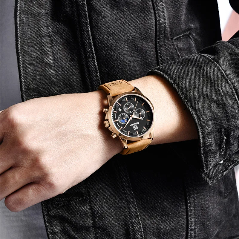 

BENYAR 2020 New Fashion Mens Watches with Leather Top Brand Luxury Sports Chronograph Wristwatch Quartz Watch Men Relojes Hombre