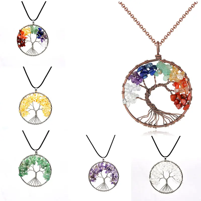

Colorful Crystal Tree of Life Pendant Necklace Copper Natural Stone Pendants Chain Female Charm Jewelry Girlfriend o1g Gift