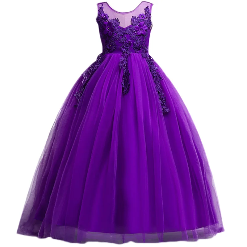 

Purple Girls Wedding Dress Lace Embroidery Appliques sleeveless Party Tulle Princess Birthday Long Dress First Communion Gown