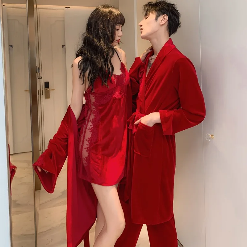 

FZSLCYIYI Women Nightgowns Lace Robe Sets Men Pajamsa Couple Velvet Bride Wedding Morning Gown Newest Pajama пижама женская