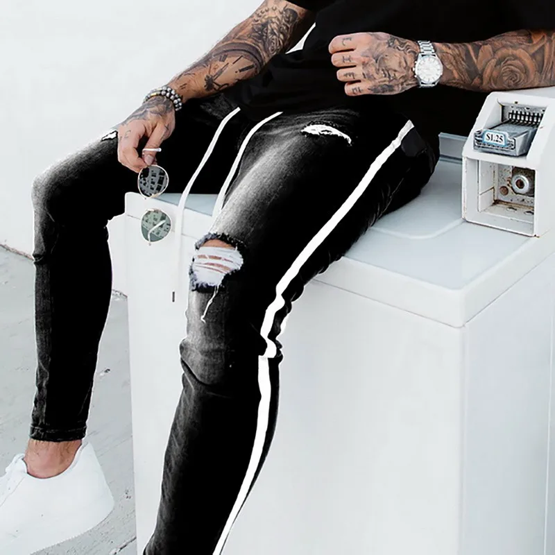 

2021 Men's Hip-hop Hole Ripped Pants Fashion Jeans Slim Men Jeans Big Size Brand Jeans Skinny Stretch Slim Fit Pants