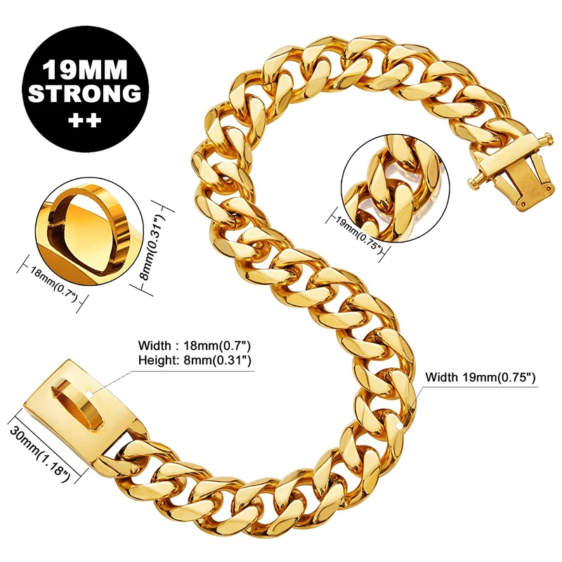 

19MM Metal Dog Chain Collar with Design Secure Buckle, Strong Heavy Duty Cuban Link Collar for Medium Large Dogs Pitbull Terrier