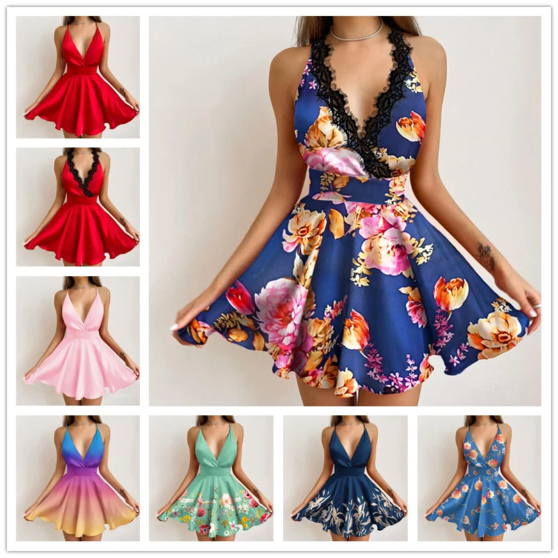 

Mandylandy Women's Sexy Satin Party Evening Dress Lady Elegant Fashion Lace Patchwork V Neck High Waist Corset Pleated Dress