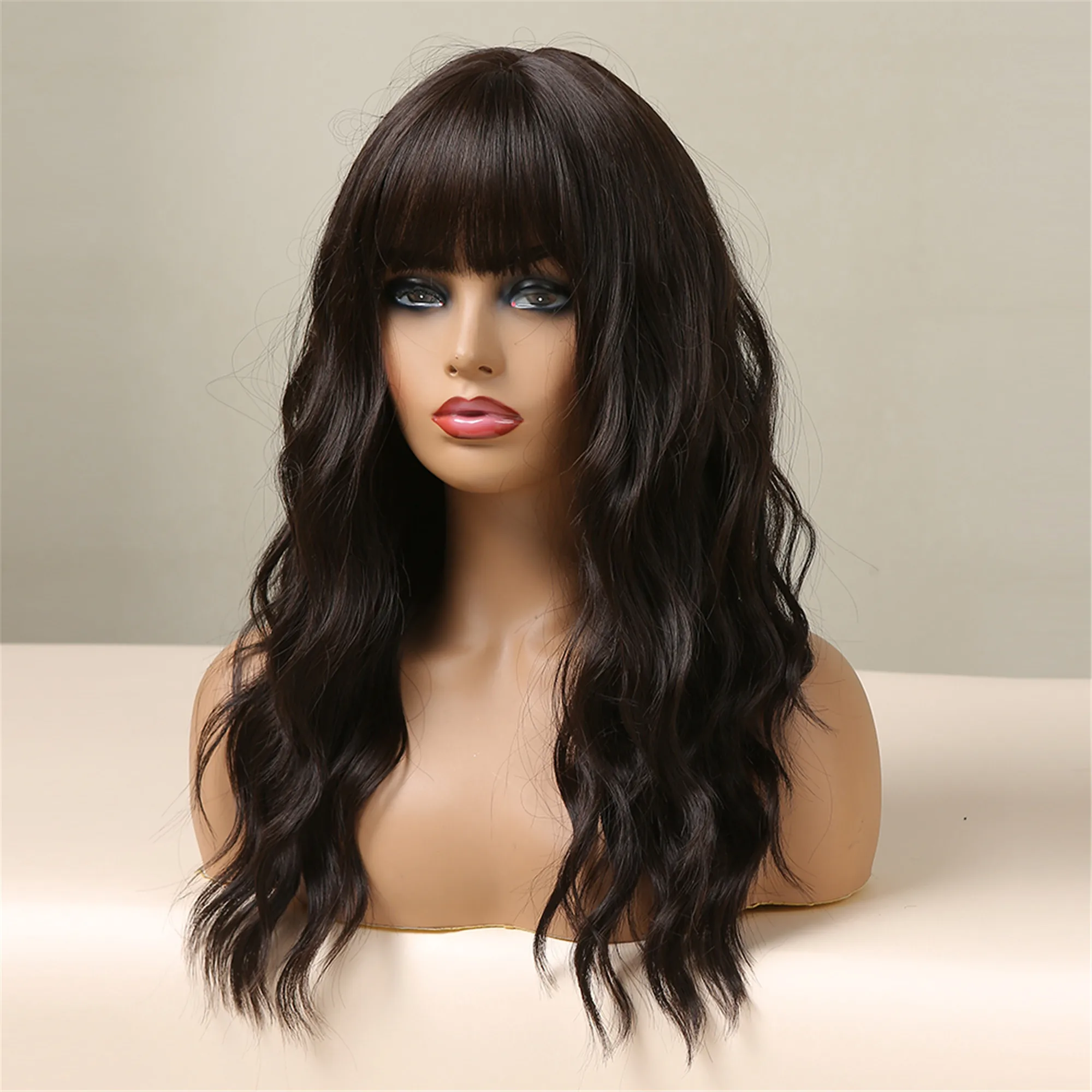Фото HENRY MARGU Natural Dark Brown Wigs for Black Women Afro Long Deep Wave Synthetic Hair Wig with Bangs Cosplay Heat Resistant Wig №4