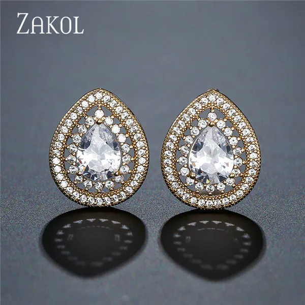 Gold Color 16 Серьги-гвоздики с каплевидными кристаллами циркония ZAKOL, серьги для женщин, модные свадебные украшения, букле d'oreille FSEP2216 - Окраска металла: Gold Color 16