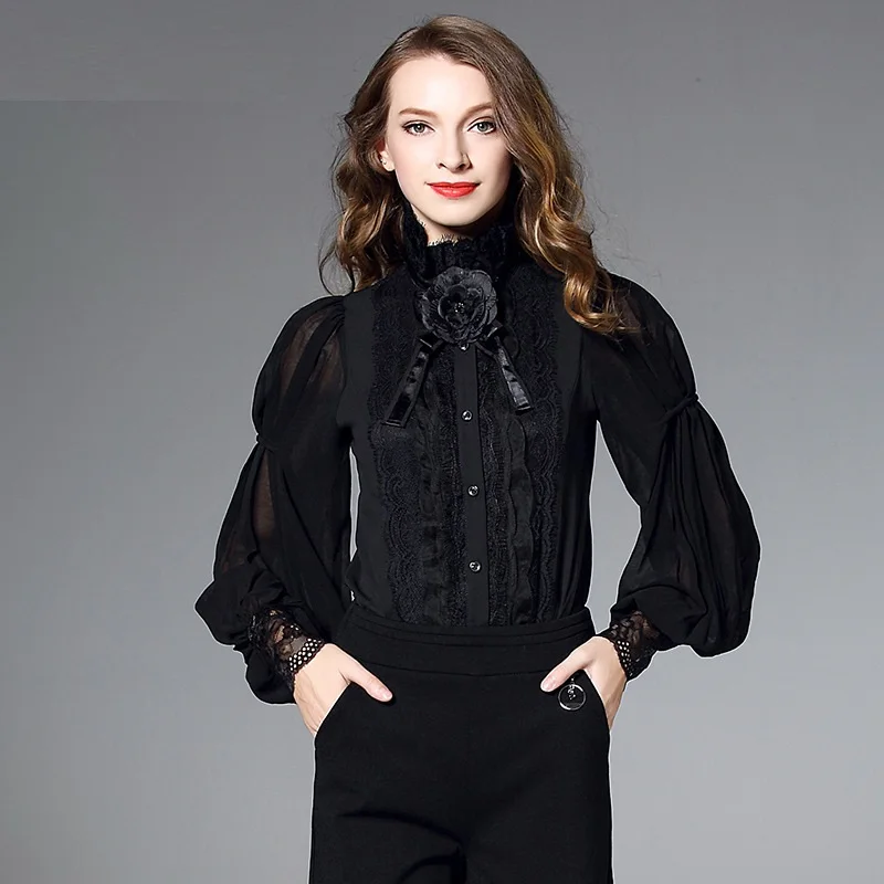 

2020 Spring Summer Hot Sale Women Ruffled Collar Lace Patchwork Lantern Sleeve Vintage Blouse Female Elegant Shirt