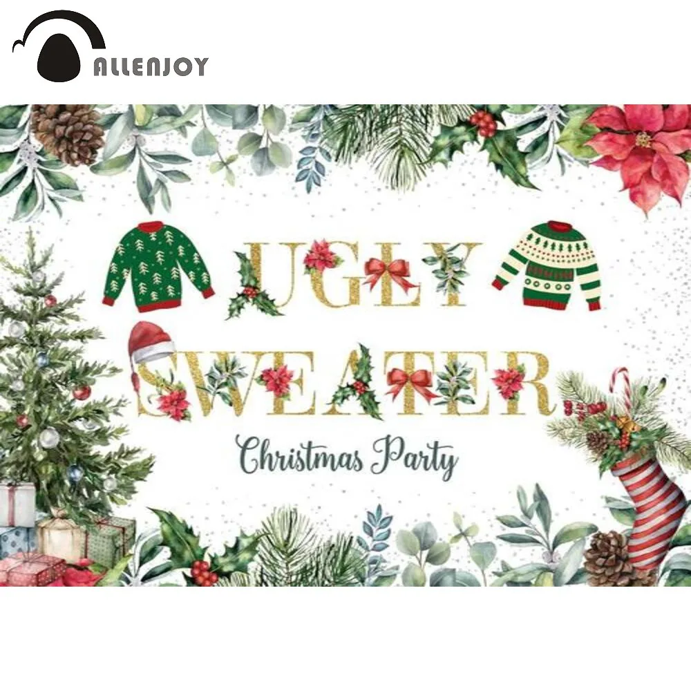 

Allenjoy Christmas Party Event Background Ugly Sweater Santa Hat Socks Leaves Baby Shower Winter Tree Gifts Photozone Backdrop