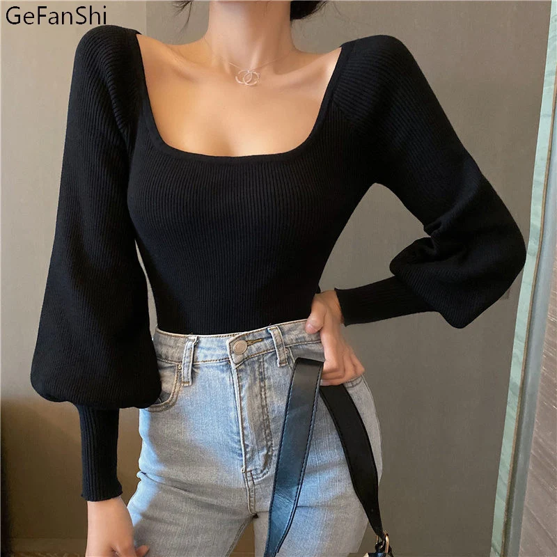 

Autumn Winter Knitting Sweater Women Solid Lantern Sleeve Fashion Elegant Sweet Ladies Bastic Sexy Knitted Pullovers Sweaters
