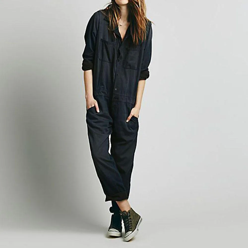 

WEPBEL Women's Casual Solid Color Loose Jumpsuits Spring Fashion Long Sleeve V-neck Pocket Straight Jumpsuits