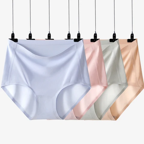 Seamless Panties Women's Plain Underwear High Waist Silk Satin Slips Female Underwear Lady Briefs Underpants For Woman XXXL 4XL