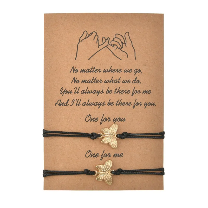 

2pcs/Set Butterfly Star Heart Bracelets One For You One For Me Black String Braiding Card Bracelet For Friend Women Wish Card