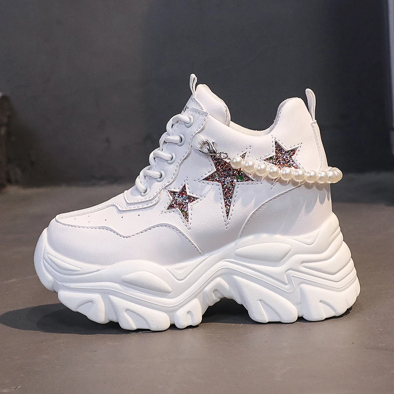 Женские кожаные кроссовки на высокой платформе