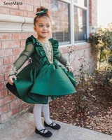 emerald green long sleeves girls dresses o neck puffy satin skirt infant girl birthday party gown kid size 1 14y