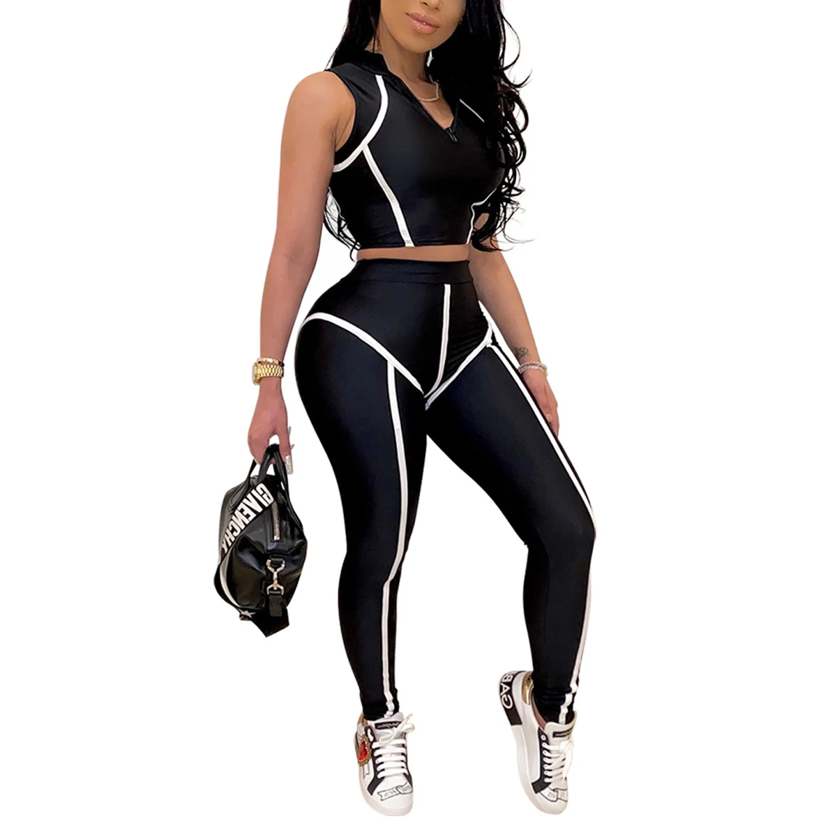

Womens Sports Two Piece Set Fashion Solid Color V-neck Vest Top and High Waist Tight-fitting Long Pants Clothes Set