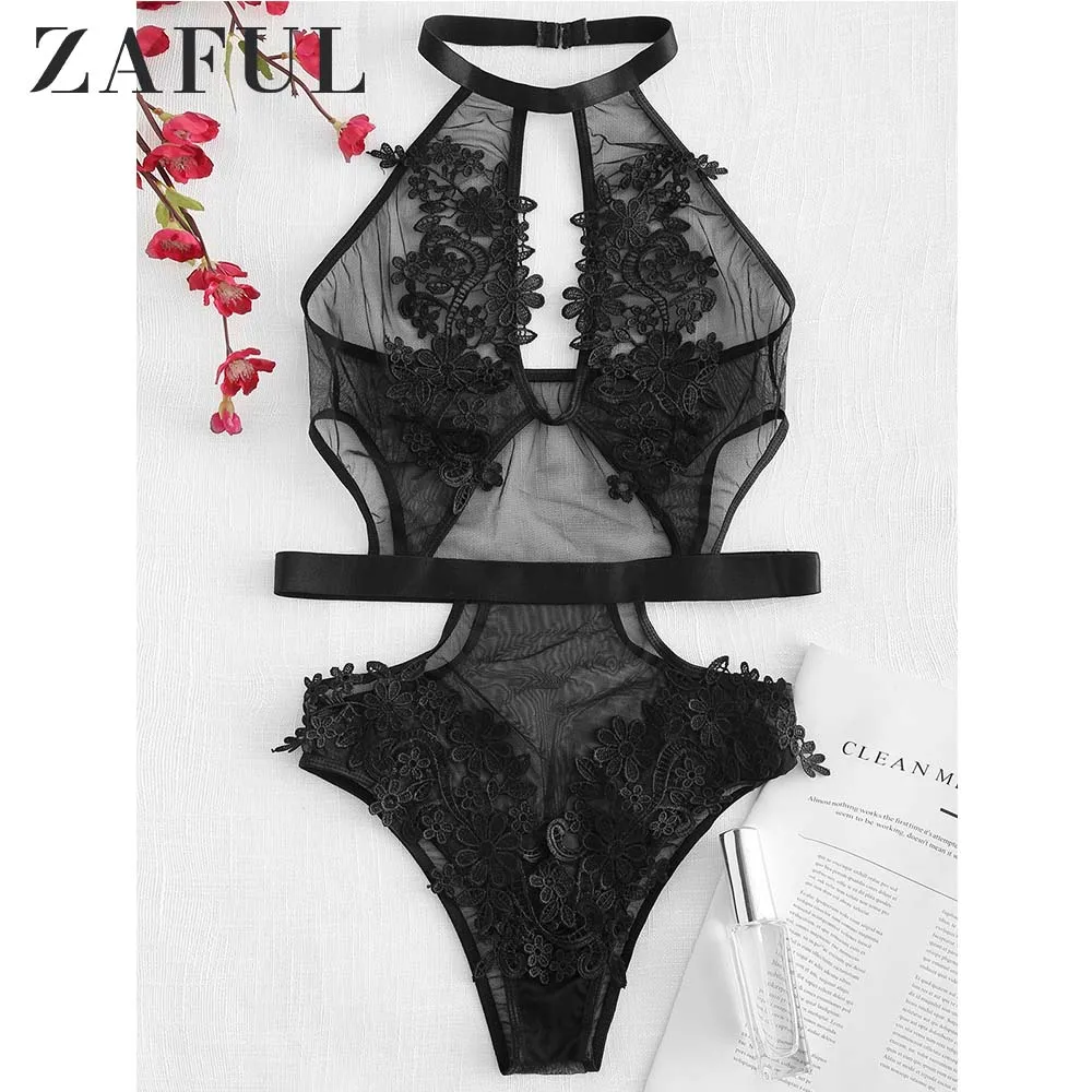 ZAFUL Цветочная Аппликация Тюль Боди Модные Сексуальные Женские Комбинезоны