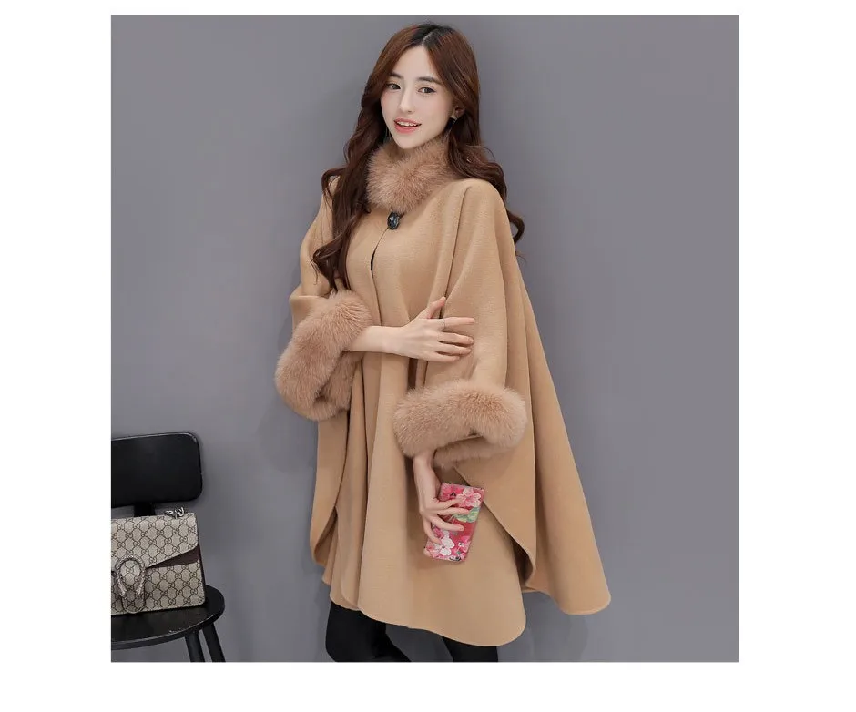 

Ponchos and Capes Women 2019 Christmas Fashion Flare Sleeve Faux Fox Fur Collar Winter Wool Cloak Cape Coat Poncho Long Overcoat