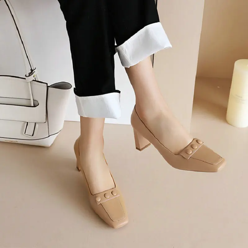 

ZawsThia Fashion Female Working Shoes Square Toe Thick High Heels Large Size 34-48 Womens Pumps With Buttons Heels Stilettos