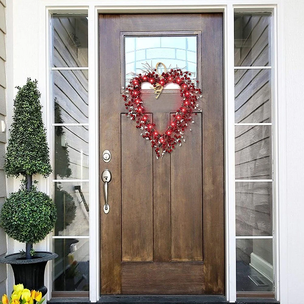 

16 Inch Valentine's Day Wreath Front Door Decorations Red Berries Heart Shaped Wreaths with 20 LED Battery Operated MJJ8