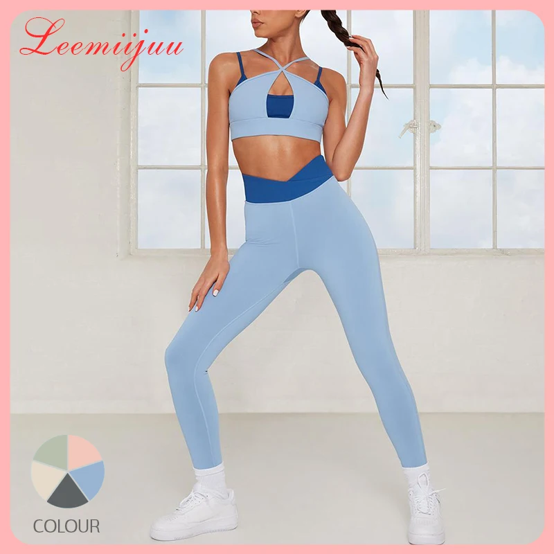 

LEEMIIJUU Yoga Suit Contrast Color Stitching Yoga Suit Fitness Suit Gym Sports Bra Top Leggings Suit Sports Running Ladies 2 pcs