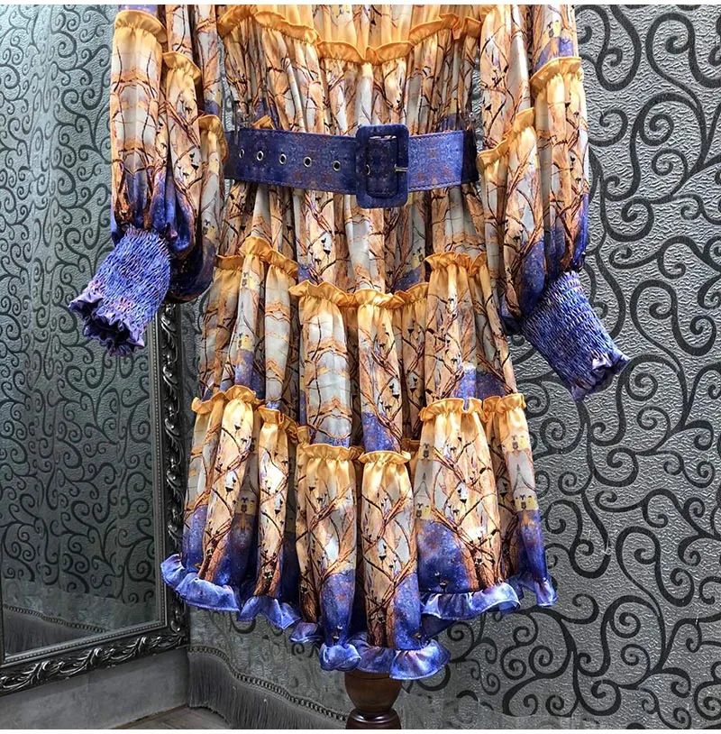 

Latest Fashion Spring Dress 2021 High Quality Women Exquisite Print Belt Deco Long Sleeve Casual Sexy A-Line Party Club Dresses