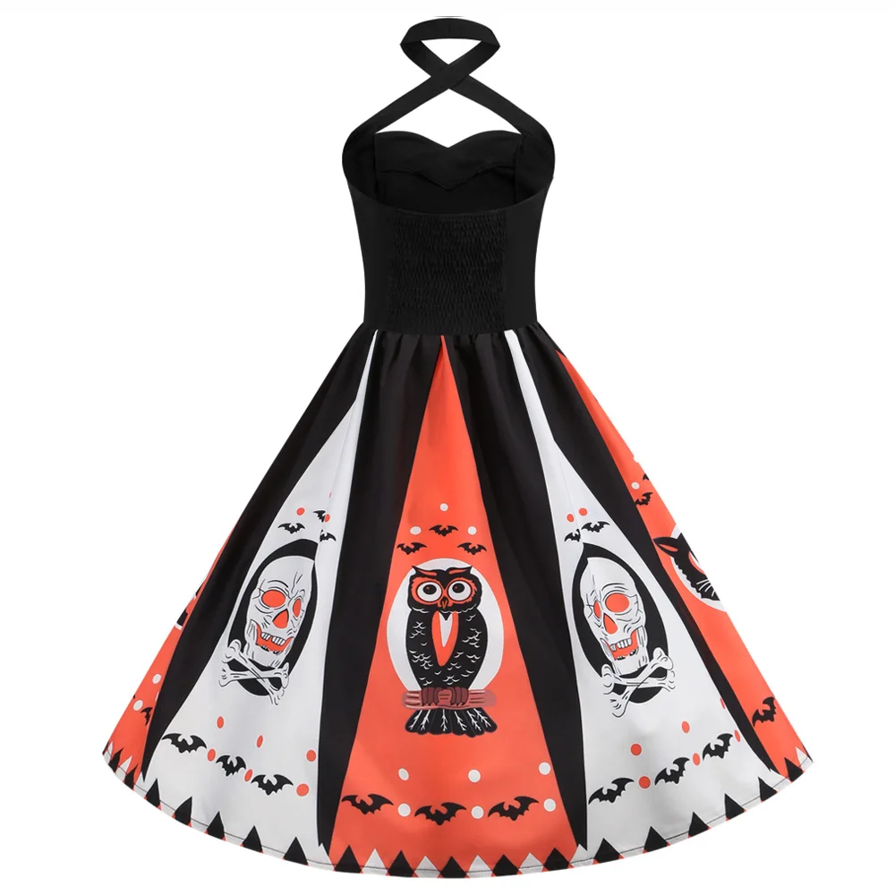 Wipalo Хэллоуин женское винтажное платье с принтом тыквы и черепа открытыми плечами