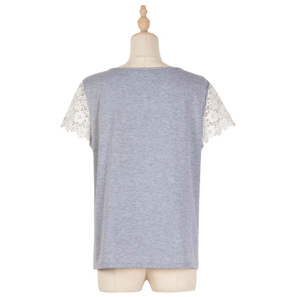 

Summer Women Casual Lace Short Sleeves Patchwork Shirt Female Loose O neck Blouses Ladies Fashion Holiday Tops Outfits Hot