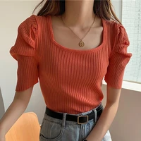 summer puff short sleeve korean fashion sweater knitted crop tops women sweaters white black pullovers female 2022 pull femme