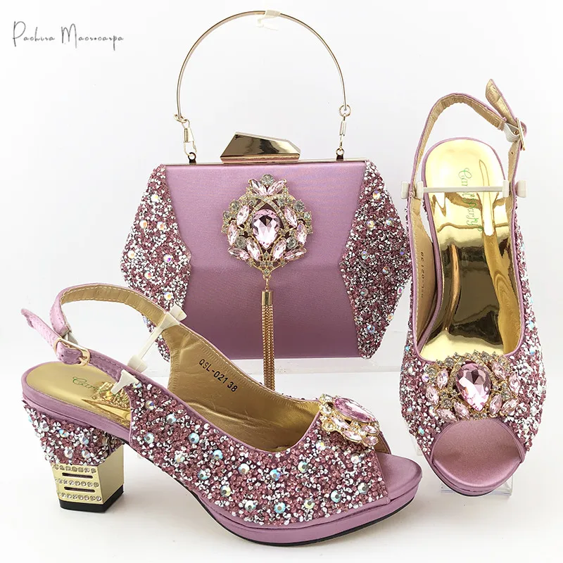 

African 2020 Italian Design Nigerian Crystal Style and Rhinestone Decoration Ladies Shoes and Bag Set in Pink Color for Party