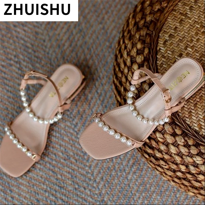 

Summer Sandals for Women Fashion Block Heels Buckle Strap Women's Sandals Beige Chunky Pearl Low-heeled Comfortable Sandals