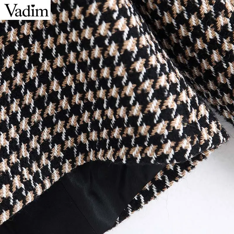 Vadim Женская мода Твид Хаундстут блейзер V образным вырезом с длинным рукавом