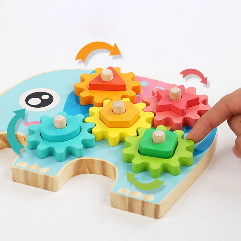 

Elephant Wooden Toy for Toddlers Educational Sorting Gear Game with Turning Wheels Learn Colours and Shapes