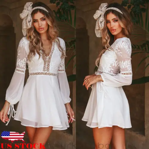 Женское шифоновое белое кружевное мини платье с длинным рукавом и V образным