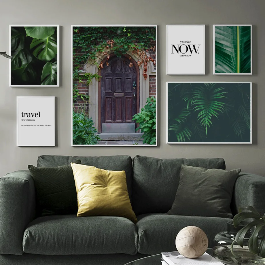 

Door Green Leaf Plants Quotes Nordic Poster Scenery Wall Art Canvas Painting Wall Pictures For Living Room Home Decor Unframed