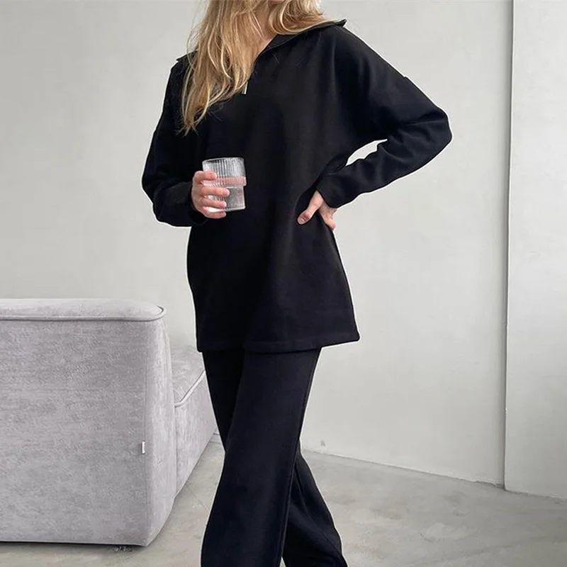 Women Elegant Two Piece Set Polo Collar Long Sleeve Hoodies Fashion High Waist Straight Trouser Suit Loose Warm Waffle Tracksuit |