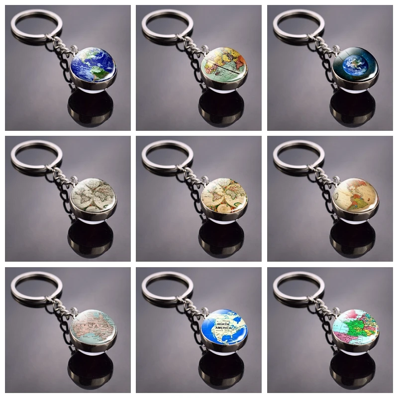 

World Map Double Side Glass Ball Keychain Globe Earth Keyring Pendant Americas Europe Australia Map Jewelry Key Chains Keyfob