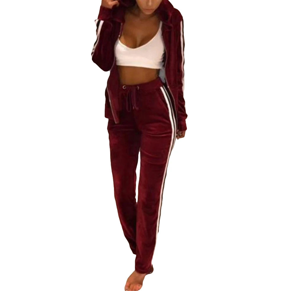 

Autumn Women Pleuche Stripe Long Sleeve Zipper Hoodies Sport Coat Sexy Casual Sportswear 2 Piece Set Jogging Tracksuit