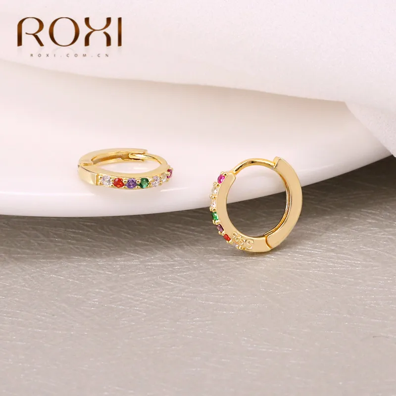 ROXI 100% 925 стерлингового серебра Мини Круглые серьги Радуга CZ гвоздики для женщин