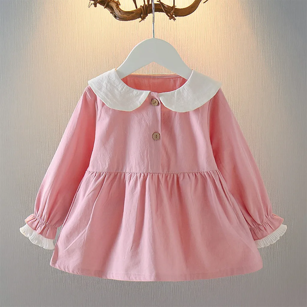 Платье для девочек с длинными рукавами однотонное отворотами на пуговицах