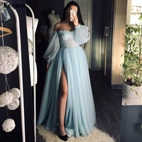 eeqasn sky blue long puff sleeves prom dresses off the shoulder ruffles tulle formal evening gowns princess women party dress