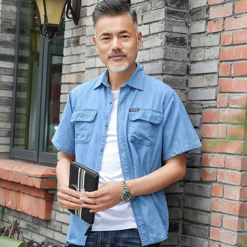 Middle Aged Denim Shirt Summer Short jean Sleeve Cotton Thin Dad Loose Jacket Рубашка Блузки Men Clothing Genuine Hot Рубашки |
