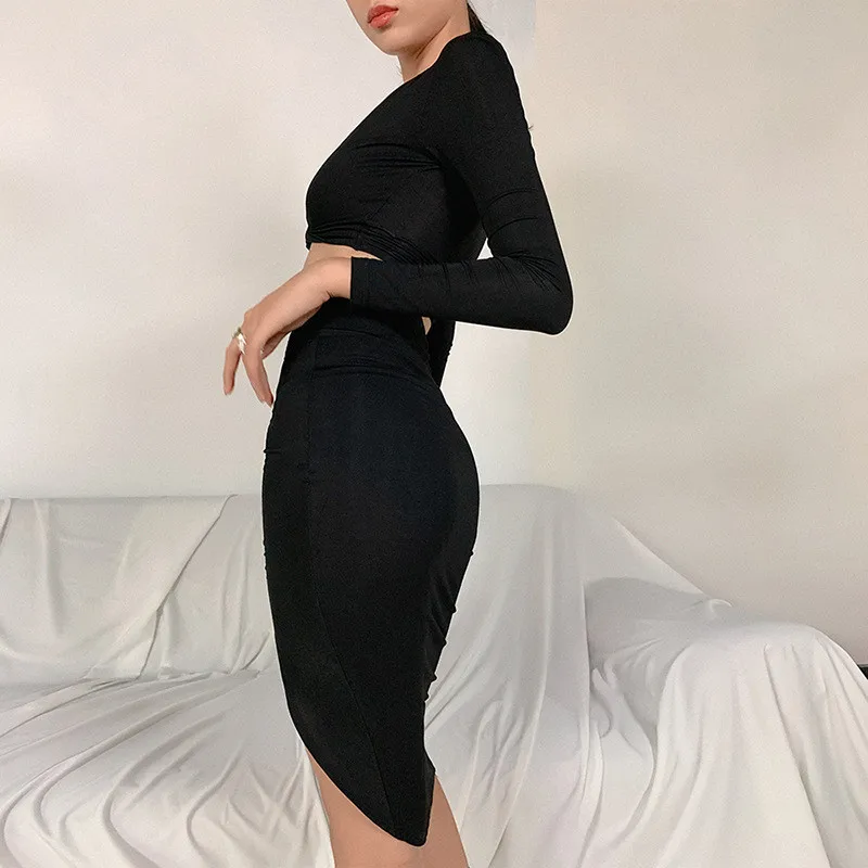 

CHRONSTYLE Women Solid Color Sexy Suit Long Sleeve V-neck T-shirt Crop Tops High Waist Irregular Hem Mid-length Skirt Party Wear
